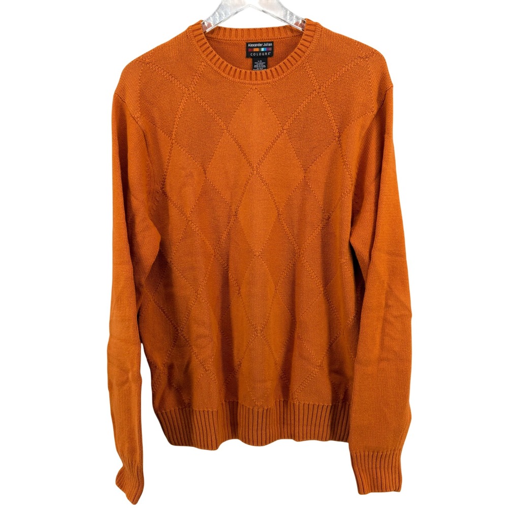 Alexander Julian Colours Mens Orange Diamond Knit Cotton Crew Neck Sweater Large